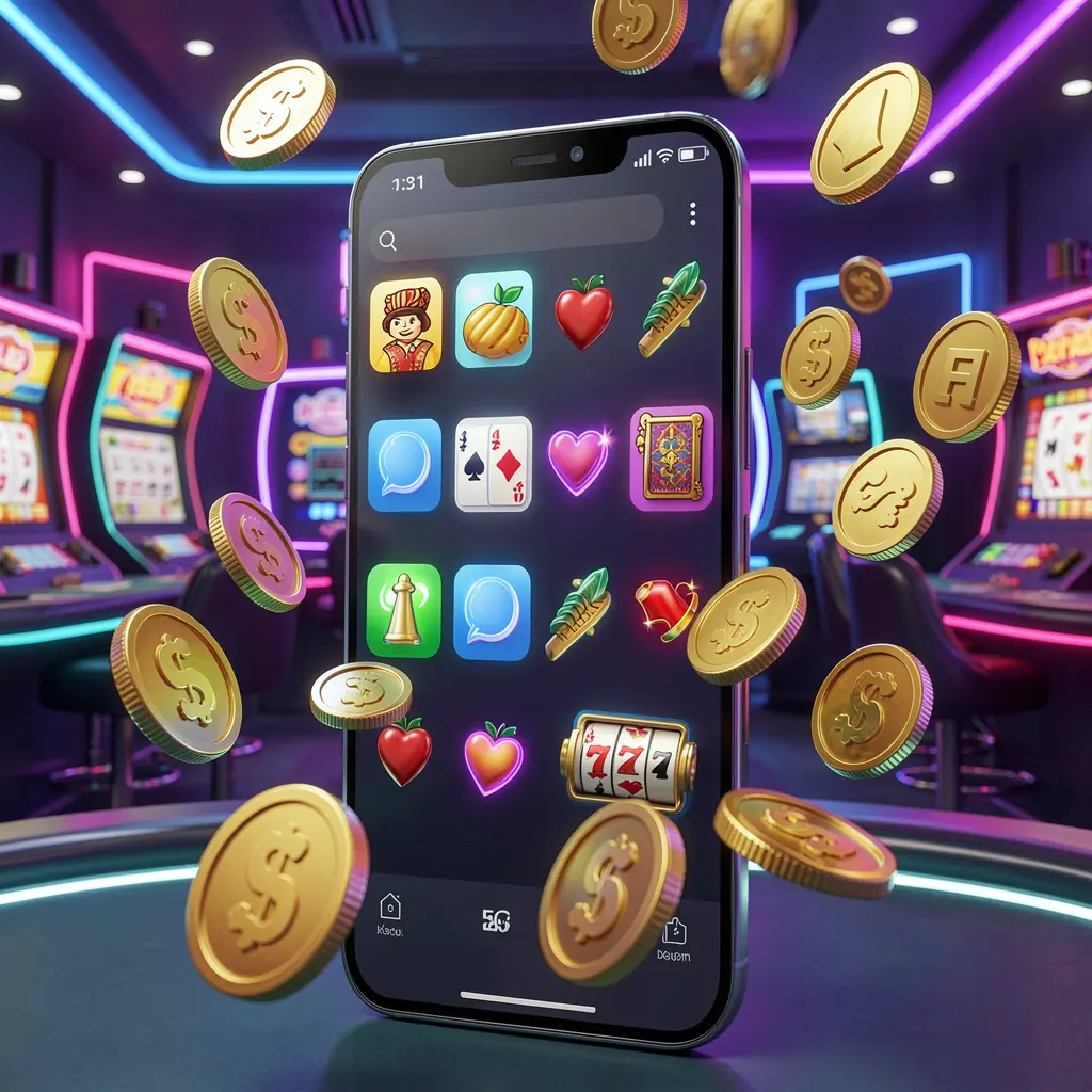 KUYA BET Android casino app concept displayed on a modern phone with app icons, surrounded by golden coins and slot symbols floating in a neon casino atmosphere, realistic 3D render
