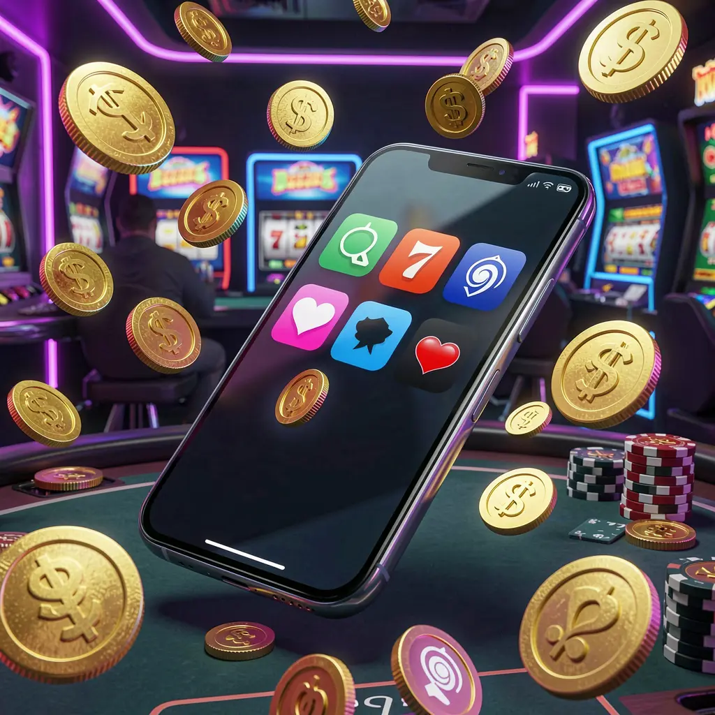 Realistic 3D render of a modern phone displaying the KUYA BET Android casino app with app icons, surrounded by golden coins and slot symbols floating in a neon casino atmosphere