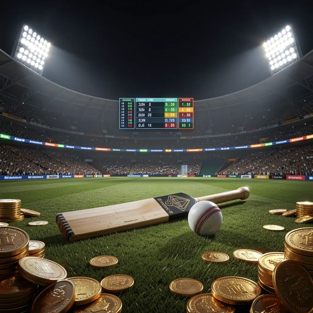 KUYA BET cricket betting hero banner featuring a night cricket stadium illuminated by bright floodlights, a cricket bat and ball on a green pitch, glowing odds panels, and golden coins in a premium dark cinematic 3D render