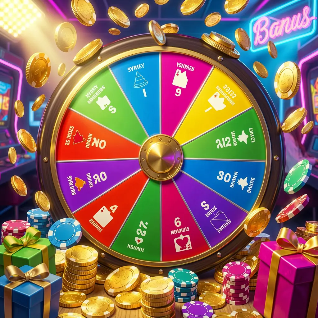 KUYA BET casino bonus wheel with colorful prize sections surrounded by golden coins, chips, and gift boxes under bright neon casino lights in a dynamic composition