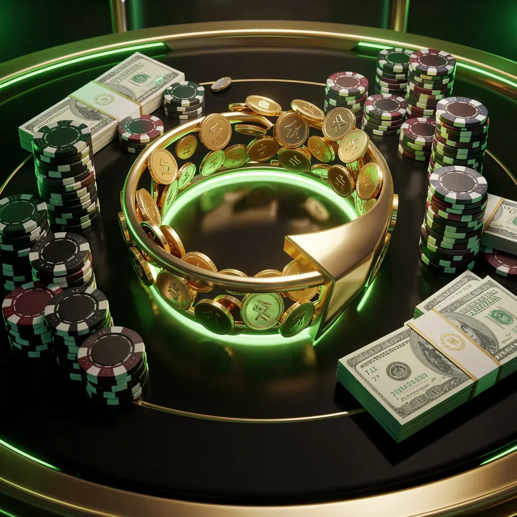 KUYA BET casino cashback bonus visual showing golden coins returning in a circular arrow motion with poker chips and cash bundles on a glossy dark table, featuring glowing green and gold accents in a premium online casino style with cinematic lighting