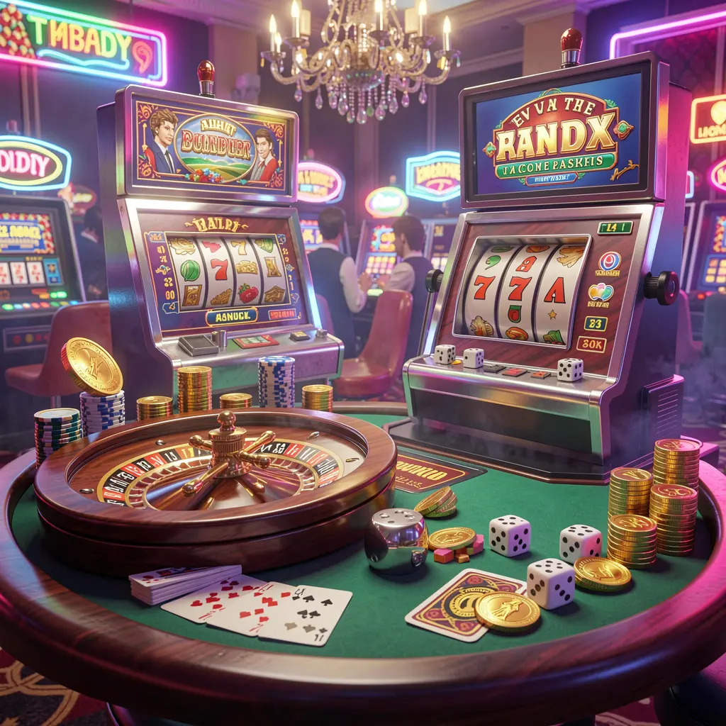 KUYA BET casino entertainment scene featuring a slot machine, roulette wheel, dice, cards, and golden coins illuminated by colorful neon lights in an exciting premium atmosphere