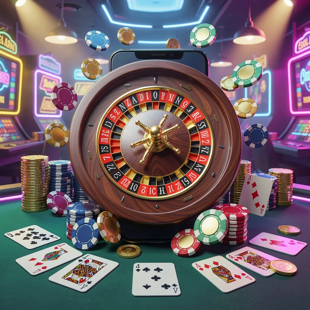 KUYA BET mobile casino experience showing a smartphone surrounded by a roulette wheel, chips, cards, and coins in a bright neon casino atmosphere