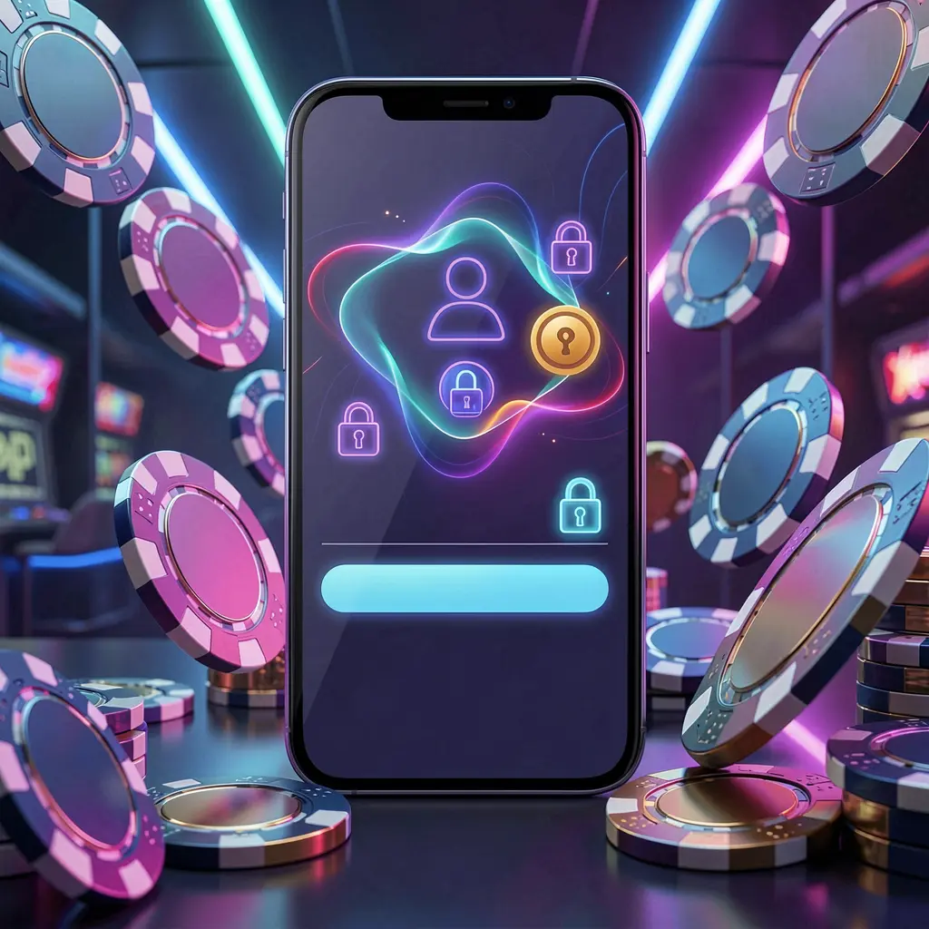 KUYA BET mobile gaming login page concept on a smartphone with abstract user and lock icons, surrounded by casino chips and coins under luxury neon lighting