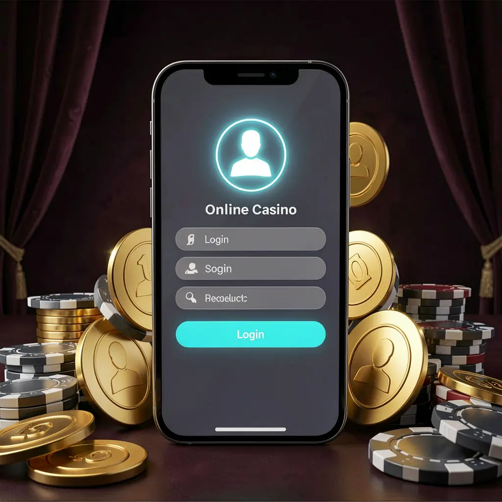 KUYA BET online casino login page hero banner showing a modern smartphone with a secure login screen, glowing user profile icon, golden coins and poker chips surrounding it on a dark luxury background
