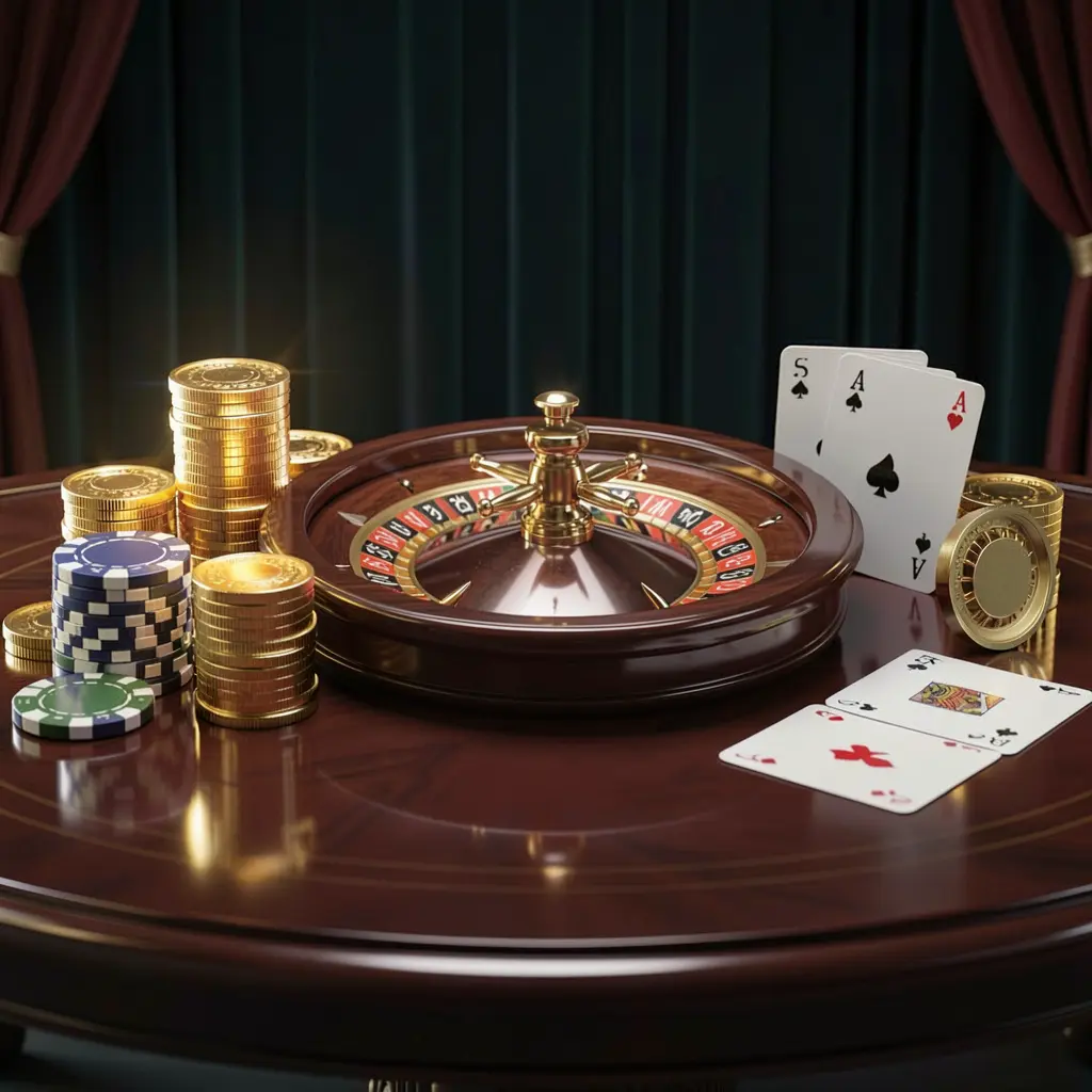 KUYA BET premium online casino banner featuring golden coins, glowing chips, a roulette wheel, and playing cards on a glossy table with an elegant dark background in a high detail realistic 3D render